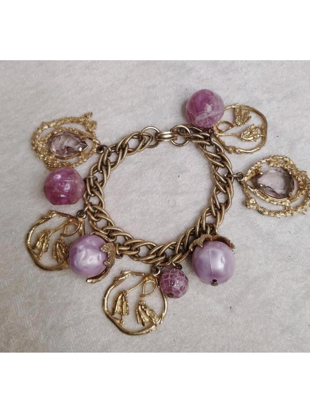 Vintage Purple Chunky Charm Gold Tone Bracelet 6.5"